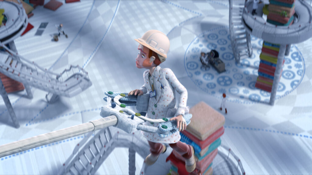 fabric scientist character in 3d-modelled fabric lab