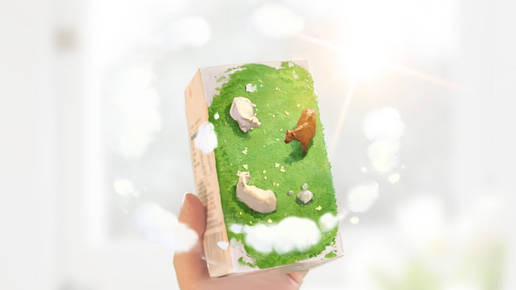 Coloured concept art of cows on meadow on top of milk box for Yili commercial