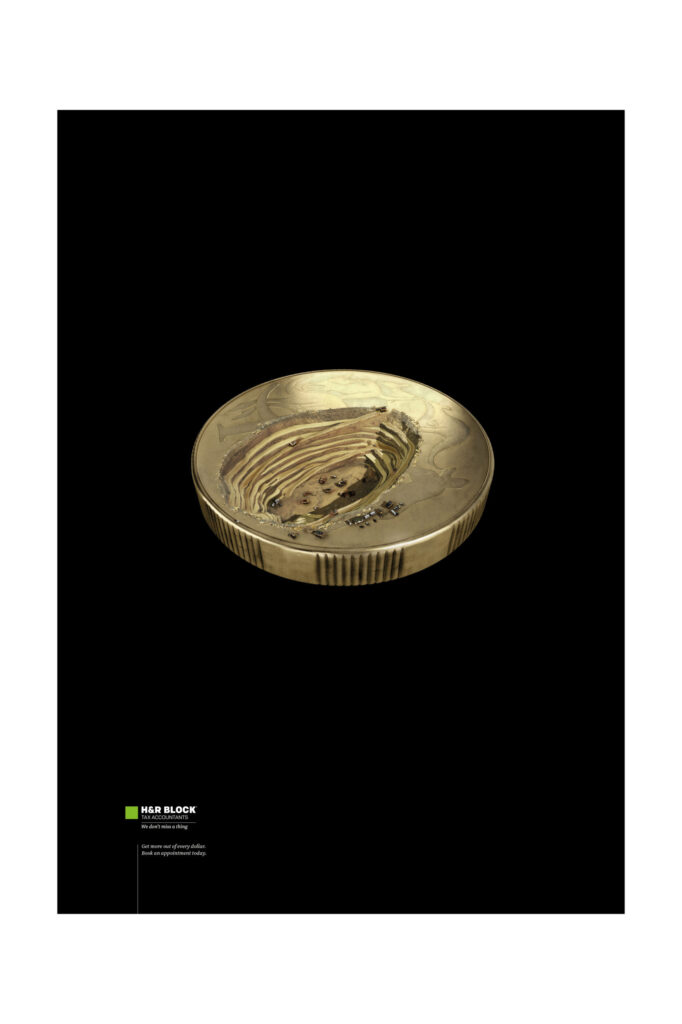 a trench built into a two-dollar Australian coin for H&R Block tax campaign