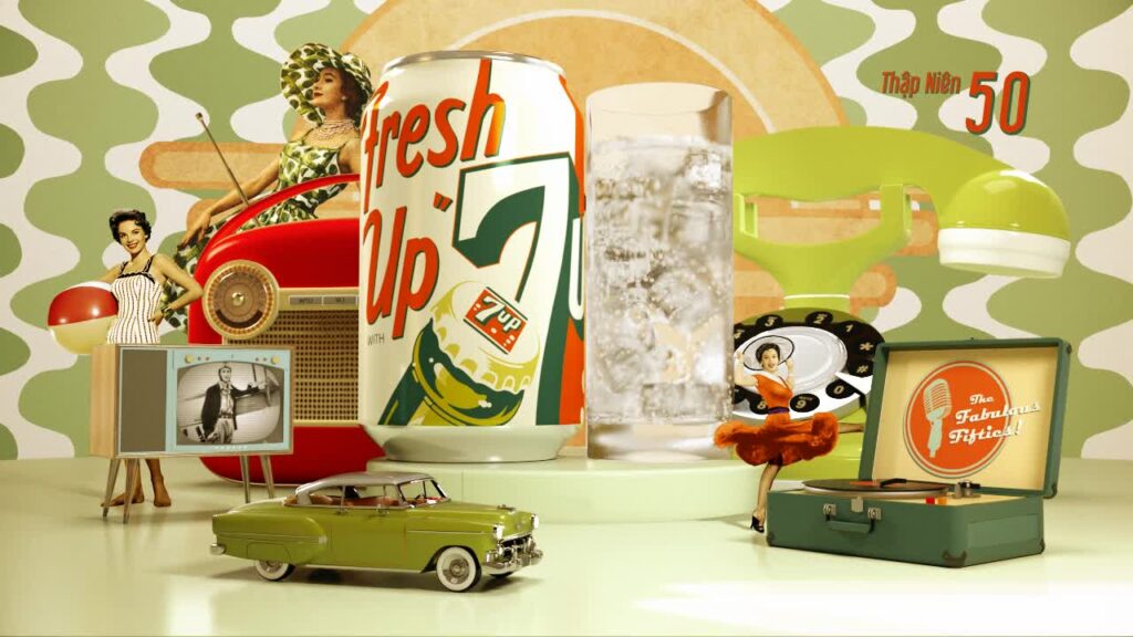 radio, box TV, dial-up phone, record player, and all other 50s goodies for this 7Up soda campaign