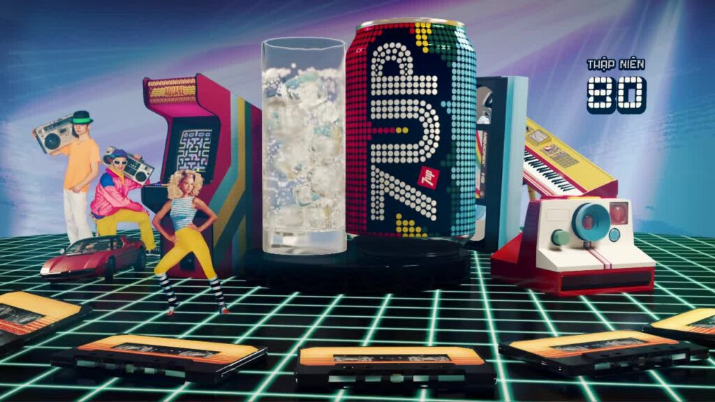 polaroid, mix tape, arcade machine, boombox, and all other 80s goodies for this 7Up soda campaign