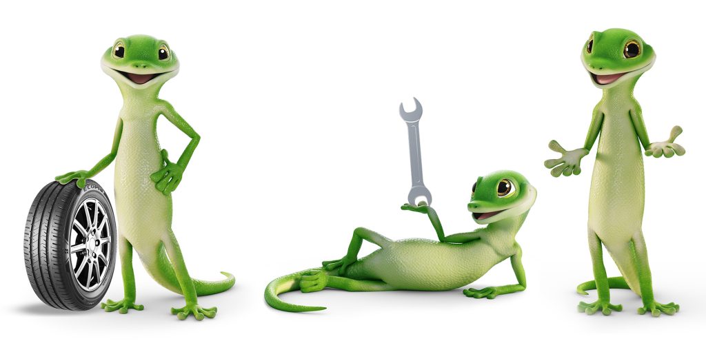 New Bridgestone Gecko Mascot in Three Different Poses